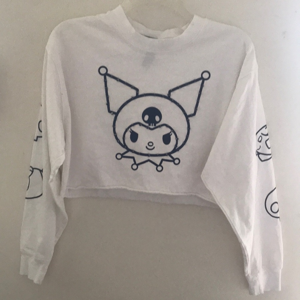 White Long Sleeve Crop Top with Cartoon Print